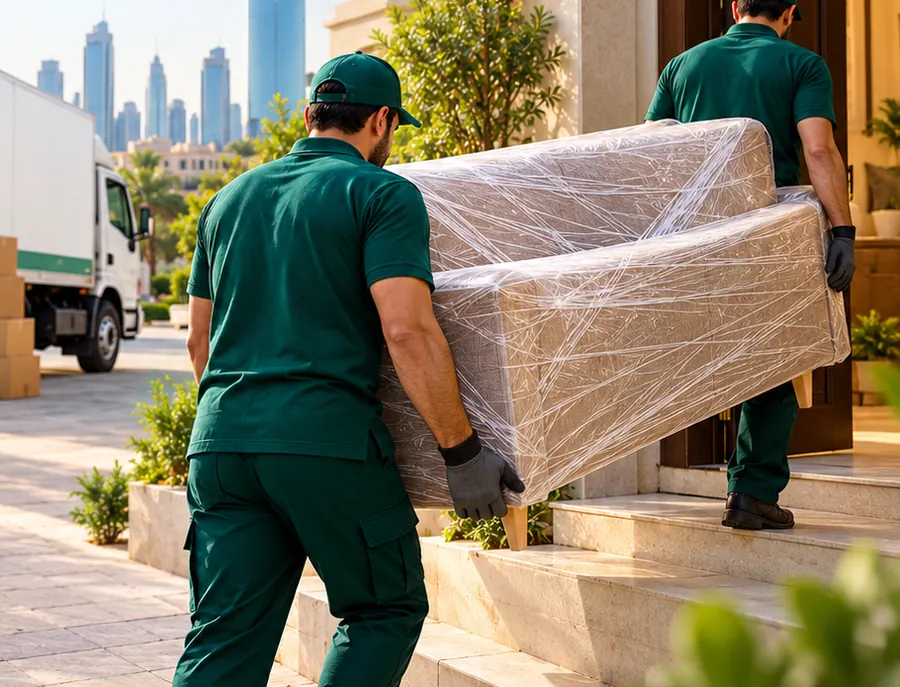 عمال ينقلون كنبة مغلفة إلى داخل بيت جديد بالرياض